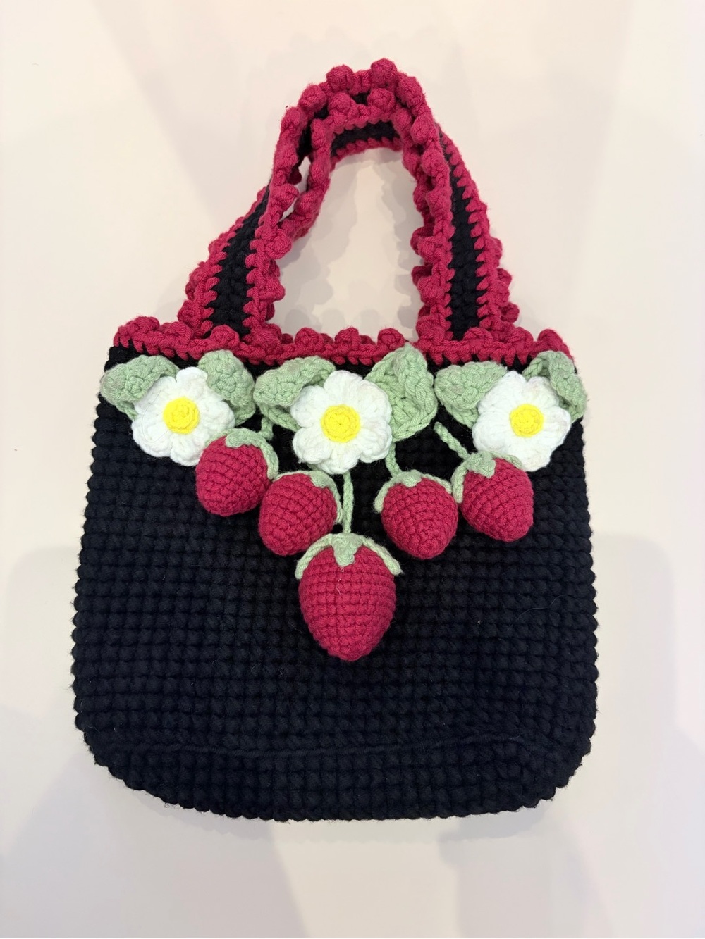 Handcrafted Black Crochet Tote with Pink Strawberries and White Flowers